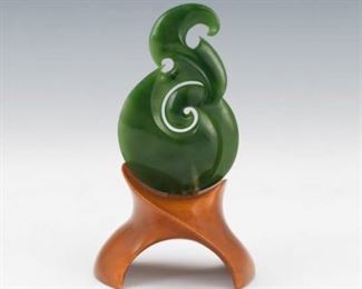 Carved Green Nephrite Jade MCM Cabinet Sculpture on Wood Base 