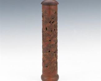 Chinese Antique ThreePart Carved Bamboo and Rosewood Perfumerier 