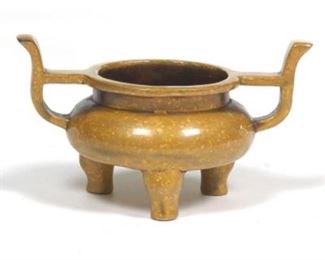 Chinese Archaic Style Bronze with Gold Splashes Tripod Censor, Apocryphal Qianlong SealMark 