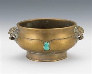 Chinese Bronze and Turquoise Bejewelled Incense Burner, Xuande SealMark 