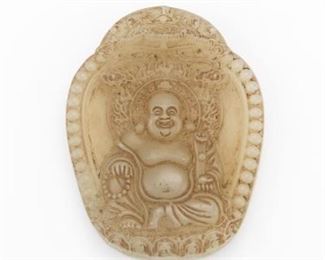Chinese Carved Celadon Jade Plaque Ornament, Laughing Buddha on Lotus Throne 