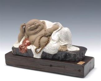Chinese Ceramic Reclining Laughing Buddha on Wood Base 