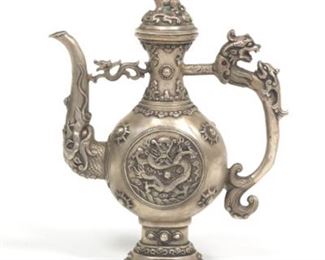 Chinese for Arabic Market Silver Tone Bronze Dragon and Foo Lion Ewer, Apocryphal Qianlong Marks 