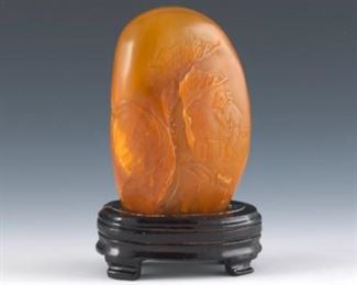 Chinese Tianhuang Yellow Wax Carved Scholars Stone on Stand 