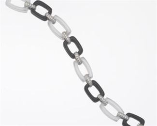 Elegant Ladies French Art Deco Gold, Black Onyx, Rock Crystal and Diamond Bracelet 