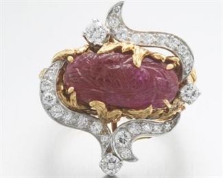 Exceptional Platinum, Gold, Diamond and Antique Mughal Carved Cameo Ruby Ring 