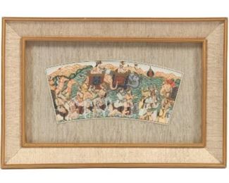 Fine Hand Painted Illuminated Fan Shape Bone Plaque, Mughal Shah Jahan and Mumtaz Mahal with Imperial Entourage 