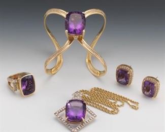 Four Piece Jewelry Suite in Gold, Amethyst and Diamond, 7.50 ct Diamonds Total 