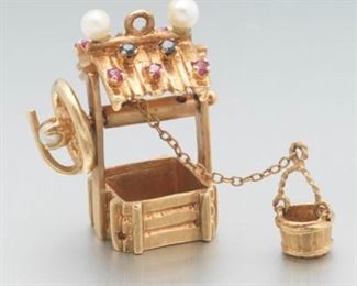 Gold, Ruby, Blue Sapphire and Seed Pearl Articulated Well with Bucket