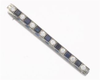 J.E.Caldwell  Co. Art Deco Platinum, Blue Sapphire and Diamond Bar Pin 