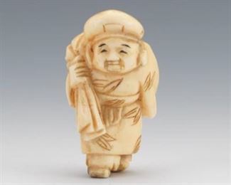 Japanese Carved Orca Whale Tooth Netsuke of Lucky God Daikokuten of Prosperity 