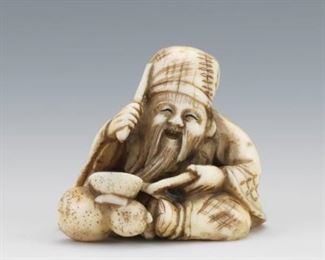 Japanese Carved Orca Whale Tooth Okimono of Immortal Shou Lao God of Longevity 