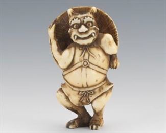 Japanese Carved Walrus Tusk Netsuke of Demon Spirit with Tortoise Shell 