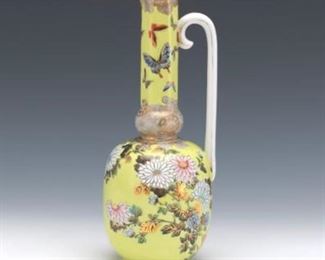 Japanese Porcelain Enameled Ewer with Citron Color Glazing 