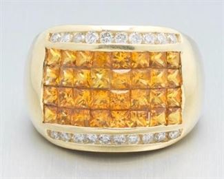 Ladies Vintage Gold, Yellow Sapphire and White Diamond Dome Ring 