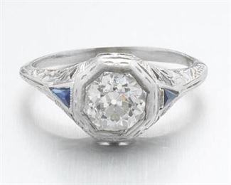 Ladies Art Deco Diamond and Blue Sapphire Ring 