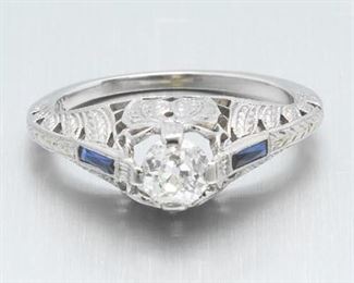 Ladies Art Deco Gold, Diamond and Blue Sapphire Filigree Ring 