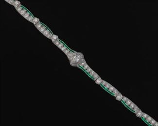 Ladies Art Deco Platinum, 6.50 Ct Total Diamond and Emerald Bracelet 