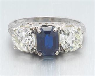 Ladies Art Deco Platinum, Blue Sapphire and Diamond Ring 