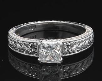 Ladies Art Deco Style Gold, 0.97 Ct Princess Cut Diamond and Round Diamond Ring 