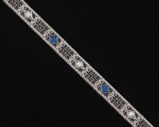 Ladies Art Deco Style Gold, Diamond and Blue Sapphire Filigree Bracelet 