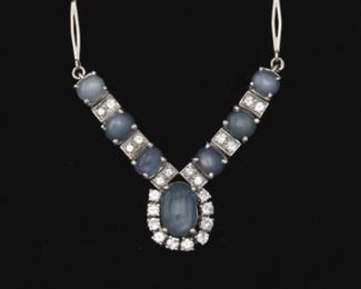 Ladies Art Deco Style Platinum, Star Sapphire and Diamond Necklace