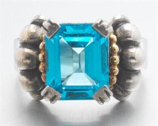 Ladies Caviar Tudor Style Gold, Sterling Silver and Blue Topaz Ring 