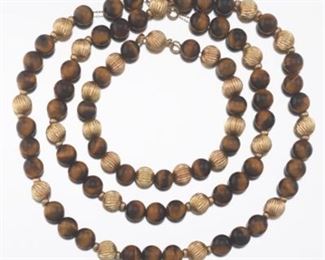 Ladies Gold and Tiger Eye Necklace and Bracelet 