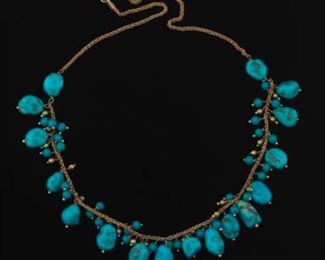 Ladies Gold and Turquoise Fringe Necklace 