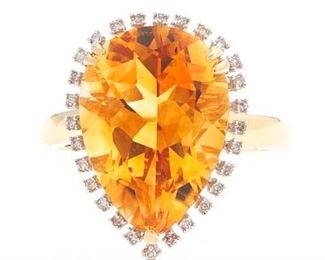 Ladies Gold, Amber Citrine and Diamond Cocktail Ring 