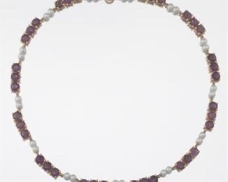 Ladies Gold, Amethyst and Pearl Necklace 