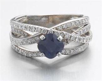 Ladies Gold, Blue Sapphire and Diamond Cocktail Ring 
