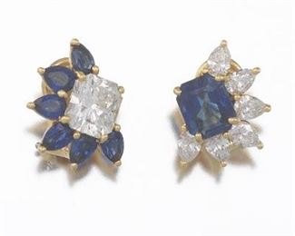 Ladies Gold, Blue Sapphire and Diamond Floral Earrings 