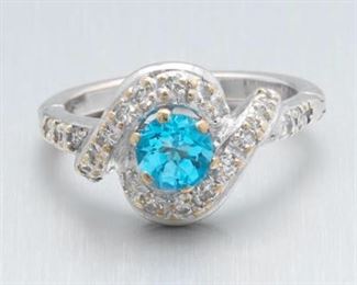 Ladies Gold, Blue Topaz and Diamond Cocktail Ring 