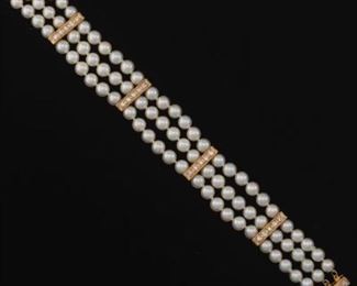 Ladies Gold, Diamond and Pearl ThreeStrand Bracelet 