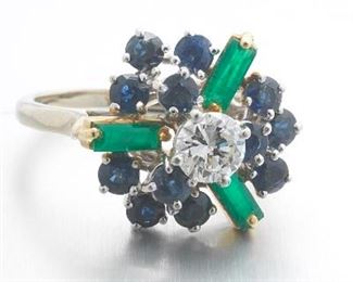 Ladies Gold, Diamond, Blue Sapphire and Emerald Cocktail Ring 