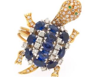 Ladies Gold, Natural Blue Sapphire and Diamond Articulated Turtle Ring