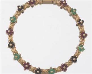 Ladies Gold, Natural Ruby, Blue Sapphire and Emerald Bracelet 