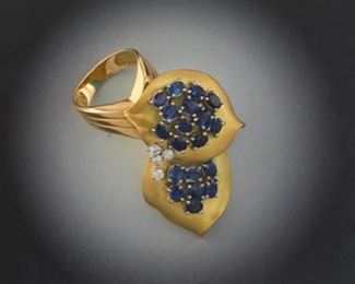 Ladies Gold, Platinum, Sapphire and Diamond Double Leaf Ring 