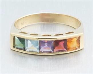 Ladies Gold, Rainbow Tourmaline and Amethyst Ring 