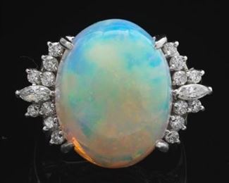 Ladies Opal Cabochon and Diamond Ring 