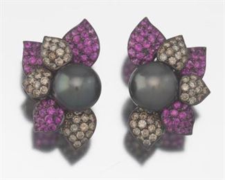 Ladies Pair of Blackened Gold, 13 mm Tahitian Pearl, Pink Sapphire and Diamond Floral Ear Clips 