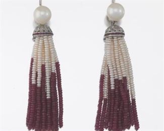 Ladies Pair of Day To Night Pearl and Ruby Tassel Earrings 