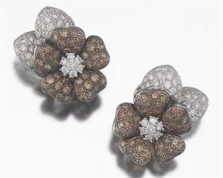 Ladies Pair of Gold, Cognac and White Diamond Floral Ear Clips 