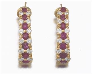 Ladies Pair of Gold, Ruby and Diamond Scroll Earrings 