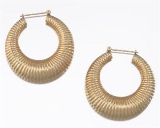 Ladies Pair of Large Gold Ribbed Hoop Fashion Earrings 