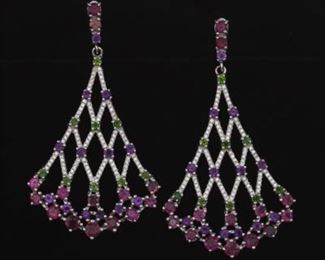 Ladies Pair of Sterling Silver, Amethyst, Pink Tourmaline, Tsavorite and Clear Stone Lattice Dangle Earrings 