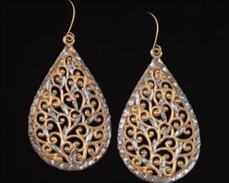 Ladies Pair of TwoTone Gold Arabesque Filigree Earrings 