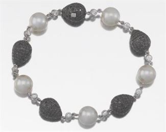 Ladies Pearl, Diamond and Black Diamond Bracelet 