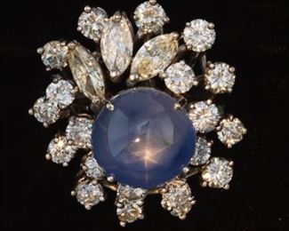 Ladies Platinum, 5.00 Ct Star Sapphire and Diamond Cluster Cocktail Ring 